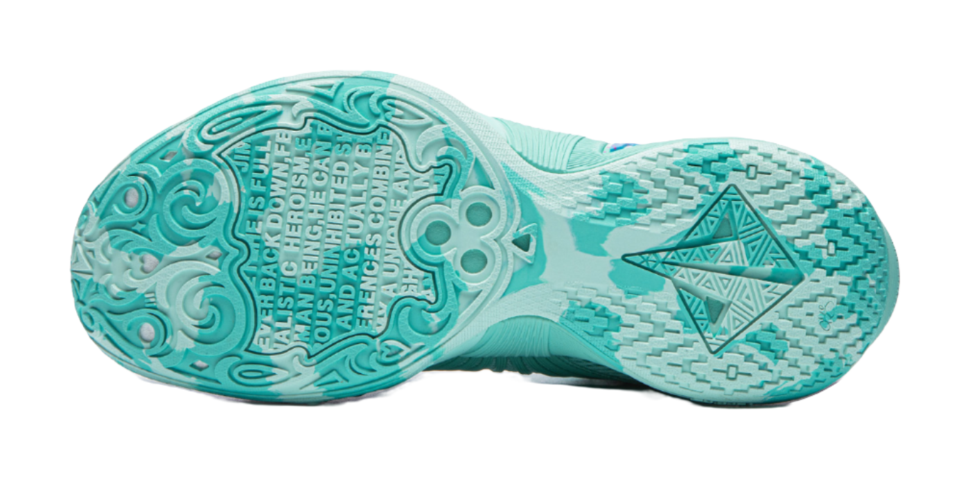 Turquoise basketball shoe outsole with textured traction and blue geometric logo