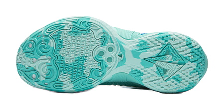 Turquoise basketball shoe outsole with textured traction and blue geometric logo