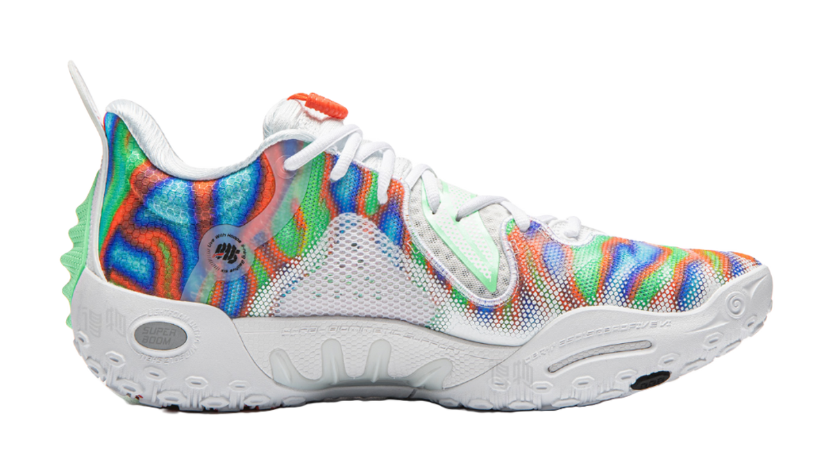 Li-Ning unisex basketball shoe, multicolor knit upper with white laces and patterned sole