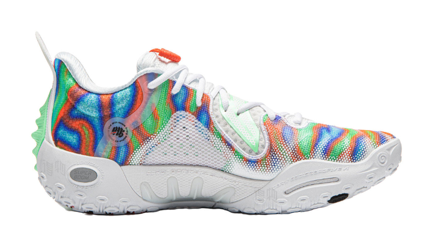 Li-Ning unisex basketball shoe, multicolor knit upper with white laces and patterned sole