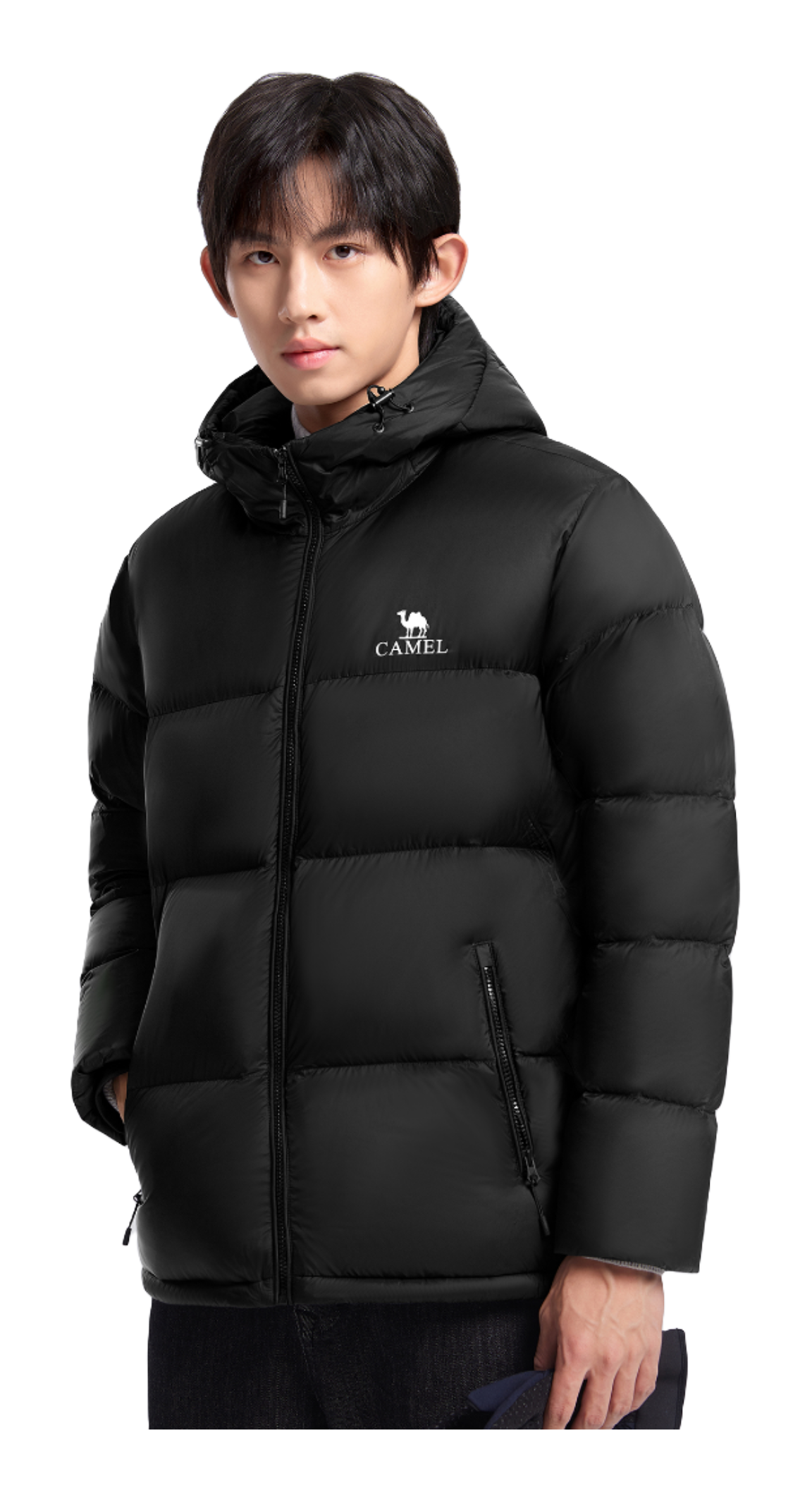 Black hooded puffer down jacket, full-zip, quilted panels