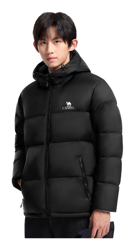 Black hooded puffer down jacket, full-zip, quilted panels