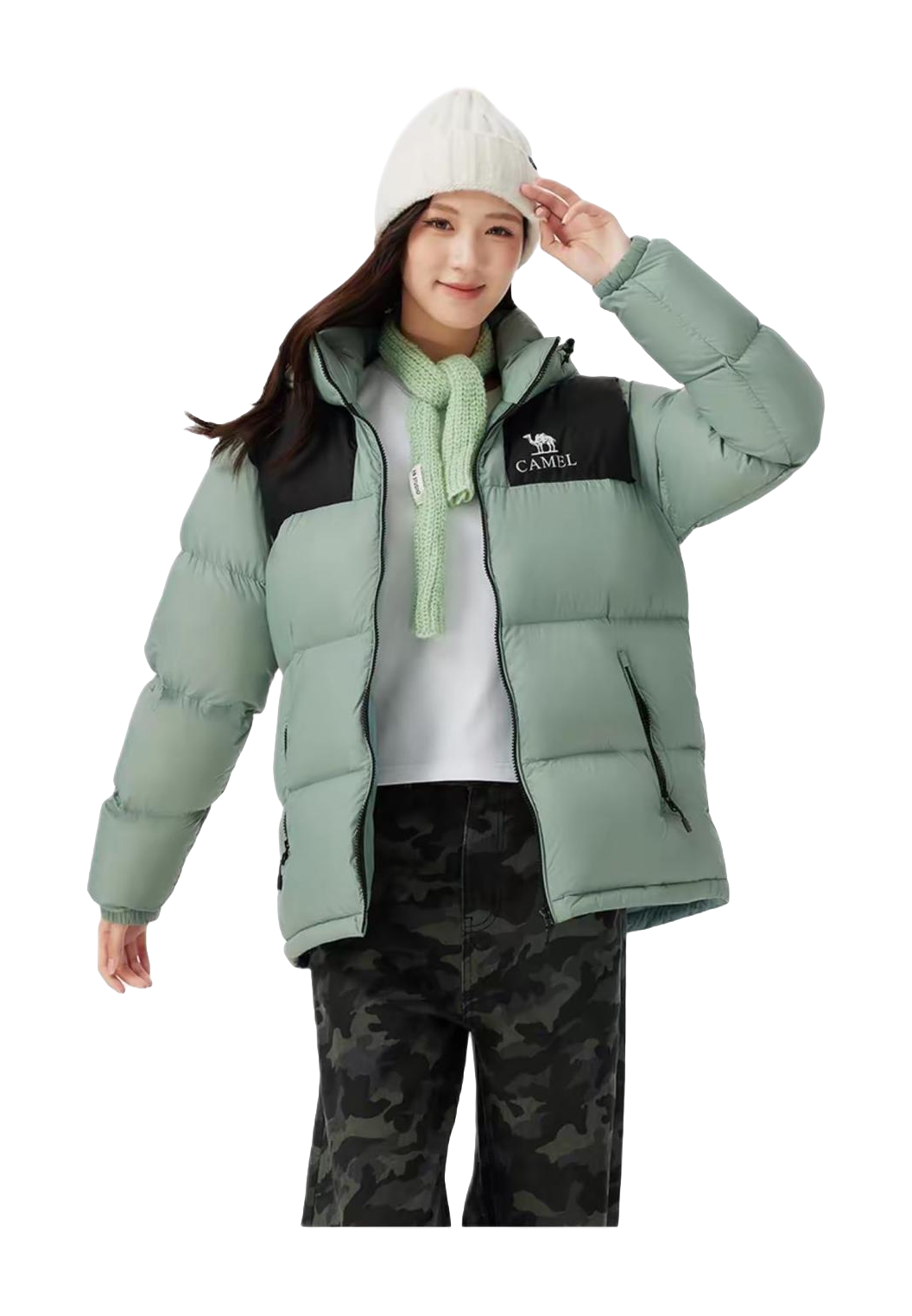 Sage green hooded down puffer jacket with CAMEL logo, full-zip front and side pockets.