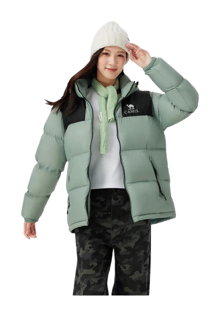 Sage green hooded down puffer jacket with CAMEL logo, full-zip front and side pockets.