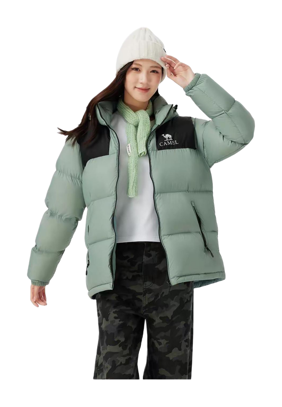 Sage green hooded down puffer jacket with CAMEL logo, full-zip front and side pockets.