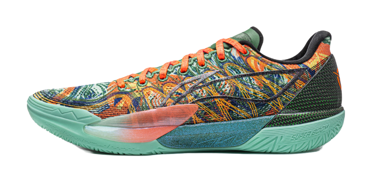 Men's low-top basketball shoes, green/orange/blue graphic upper, lace-up.