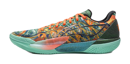 Men's low-top basketball shoes, green/orange/blue graphic upper, lace-up.
