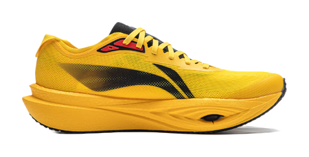 Chrome yellow low-top running shoe, side view, black graphic stripe and yellow laces.