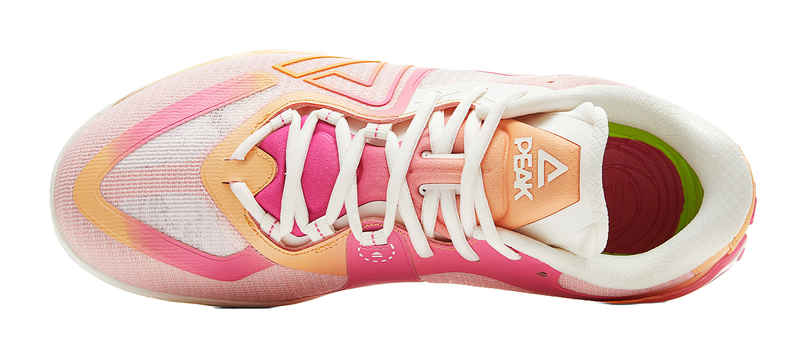 Pink basketball shoe with PEAK logo on heel, white laces, thick white sole
