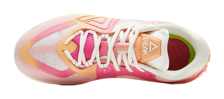 Pink basketball shoe with PEAK logo on heel, white laces, thick white sole