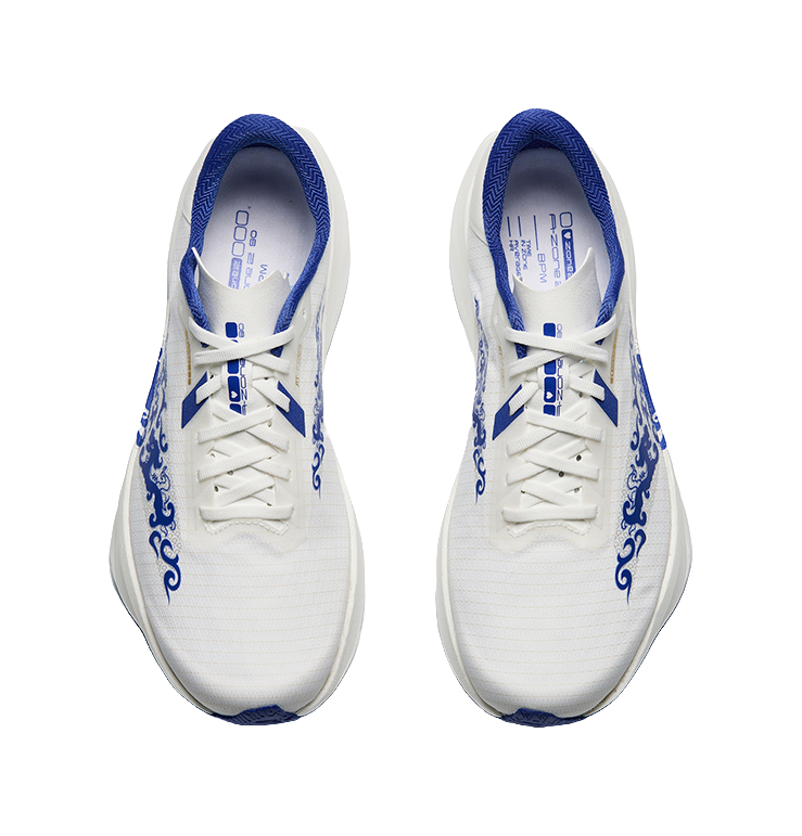 Pair of white-and-blue low-top running sneakers shown from the front with laces