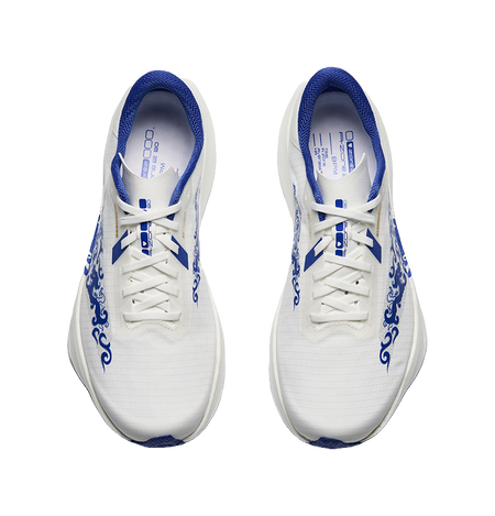 Pair of white-and-blue low-top running sneakers shown from the front with laces