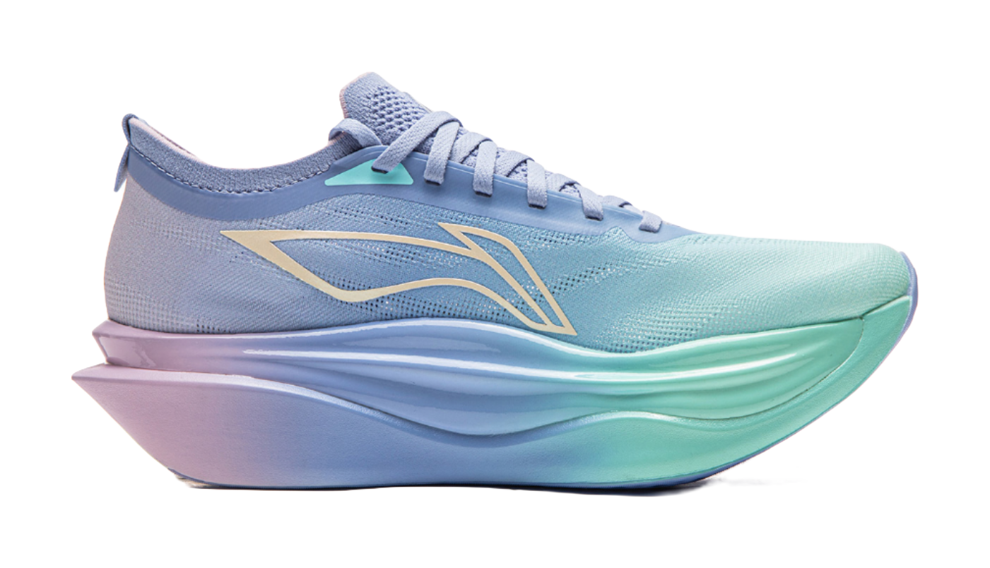 Unisex running shoe, light blue mesh upper with gold logo and mint outsole