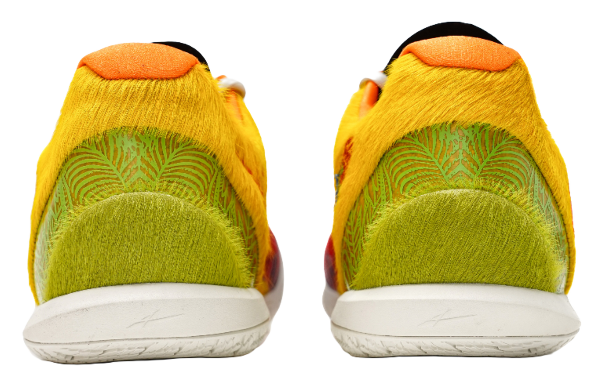 Heel view of multicolor low-top basketball shoes with padded collar and white sole