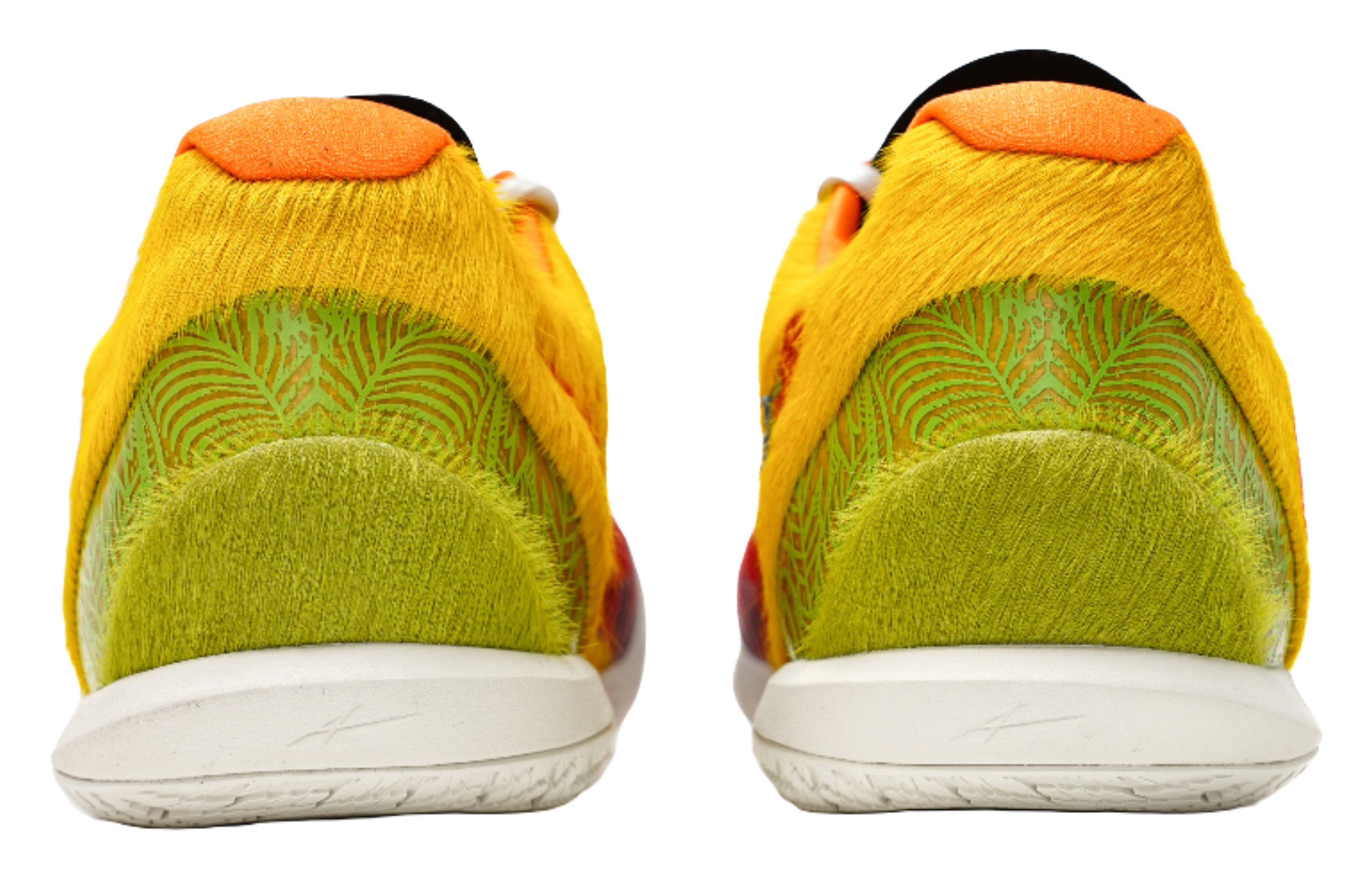 Heel view of multicolor low-top basketball shoes with padded collar and white sole