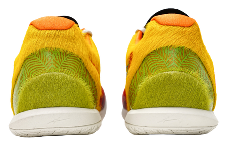 Heel view of multicolor low-top basketball shoes with padded collar and white sole