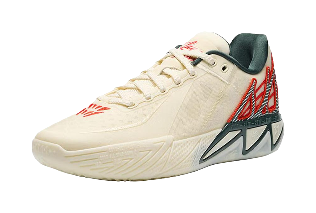 Beige basketball shoe, lace-up low-top with red graphics and black-green sole.