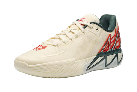 Beige basketball shoe, lace-up low-top with red graphics and black-green sole.