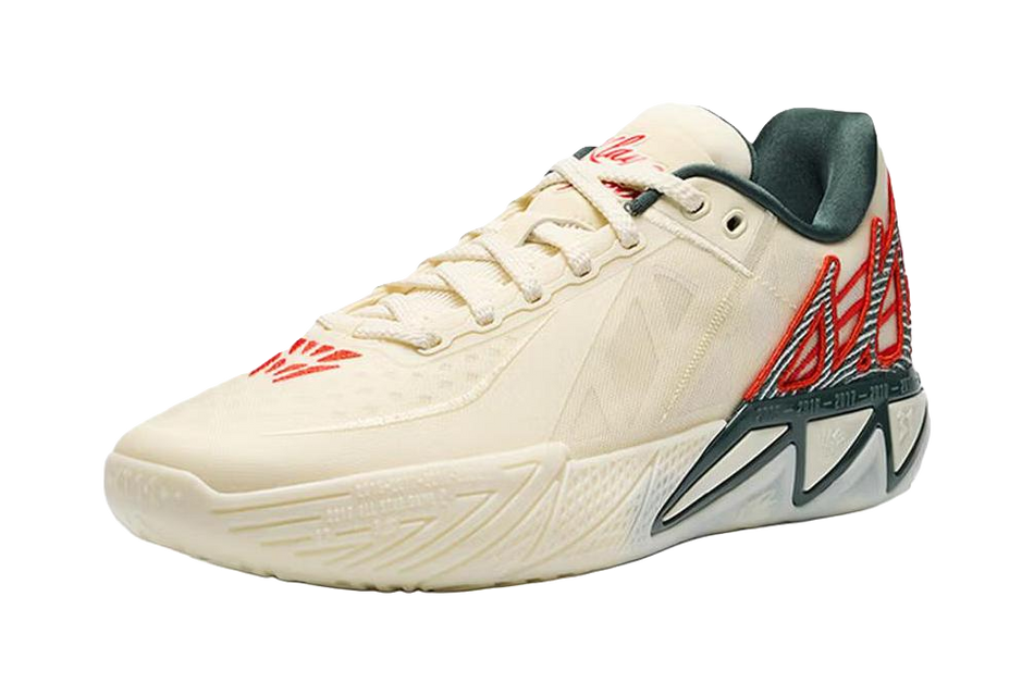 Beige ANTA KT11 basketball shoe, side view with red pattern and dark green sole