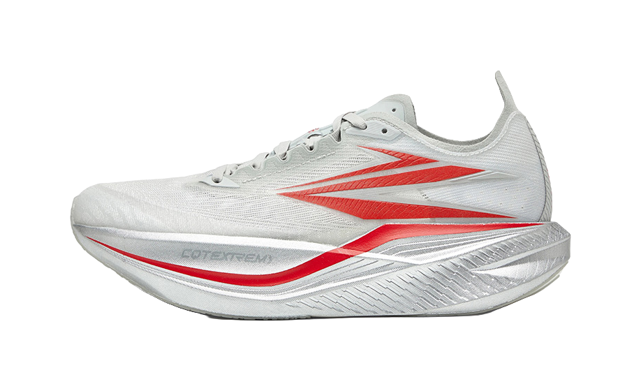 Photon gray running shoe with red flame stripe and textured midsole