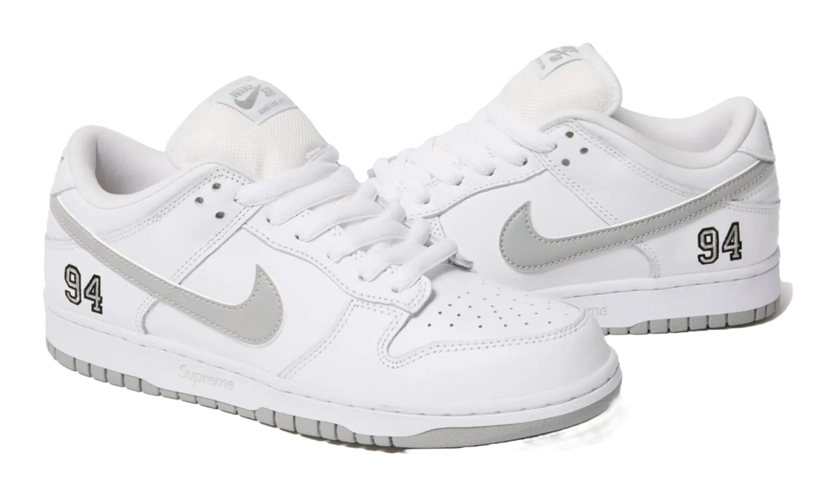 Nike Sb Dunk Low Supreme 94 White Metallic Silver  vjsneaker.com