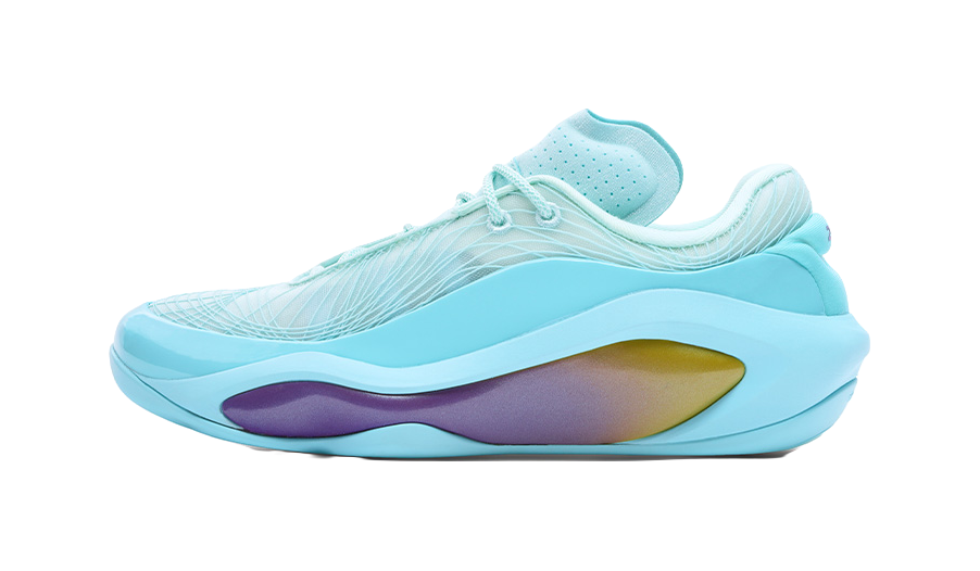 Men's basketball shoes, light blue with perforated upper and purple outsole accent