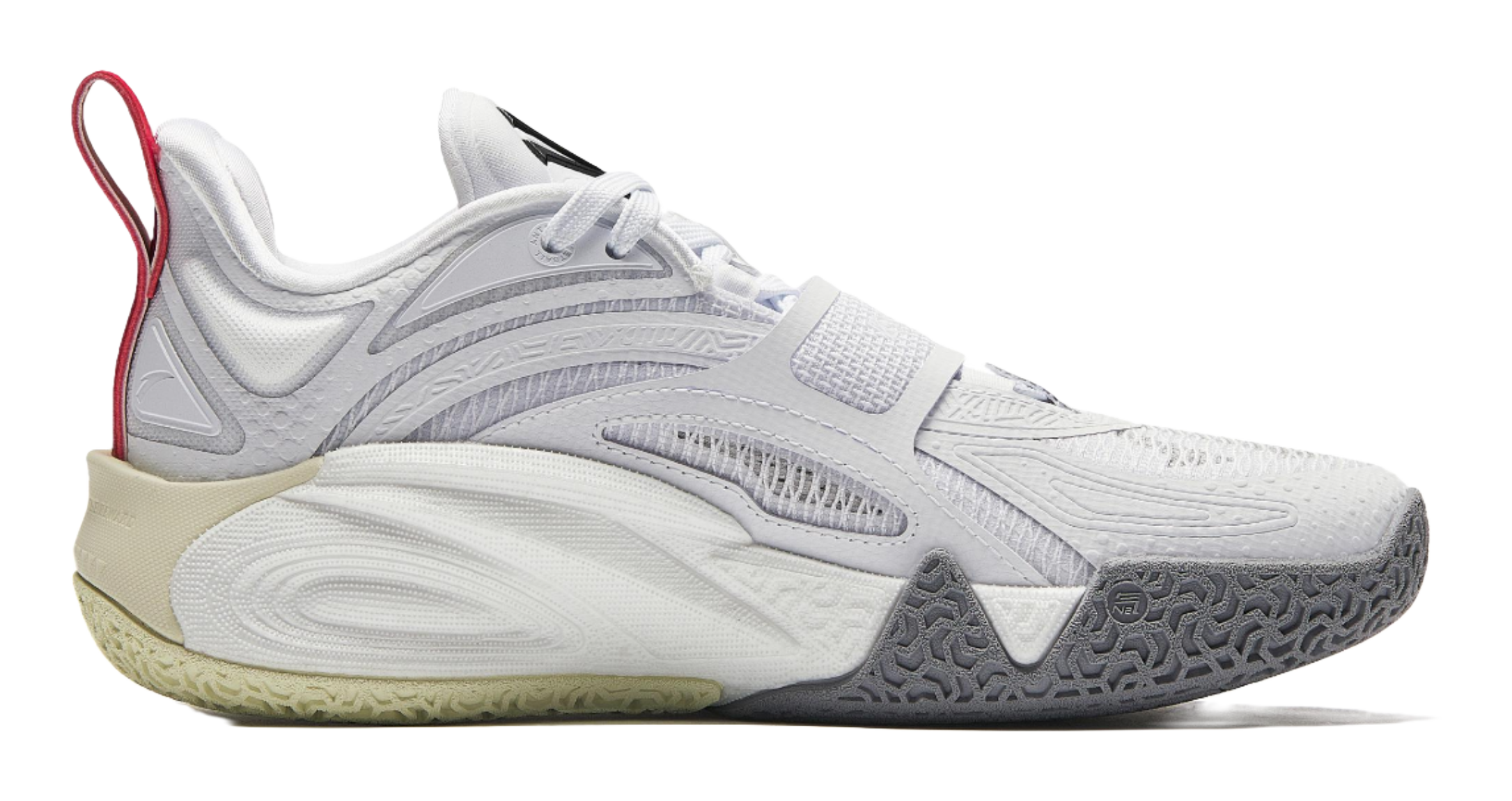 White basketball shoe with lace-up front, beige midsole, dark rubber outsole.