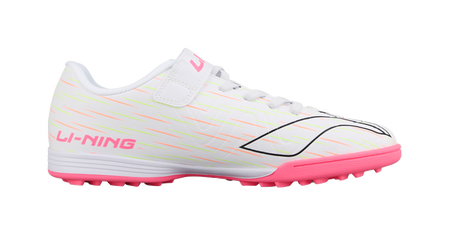 Youth turf soccer shoe in white with pink trim, Velcro strap and black logo