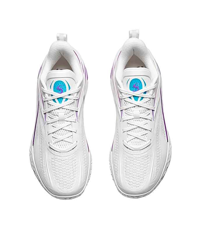 Anta basketball shoe, white upper with purple trim and teal logo on tongue