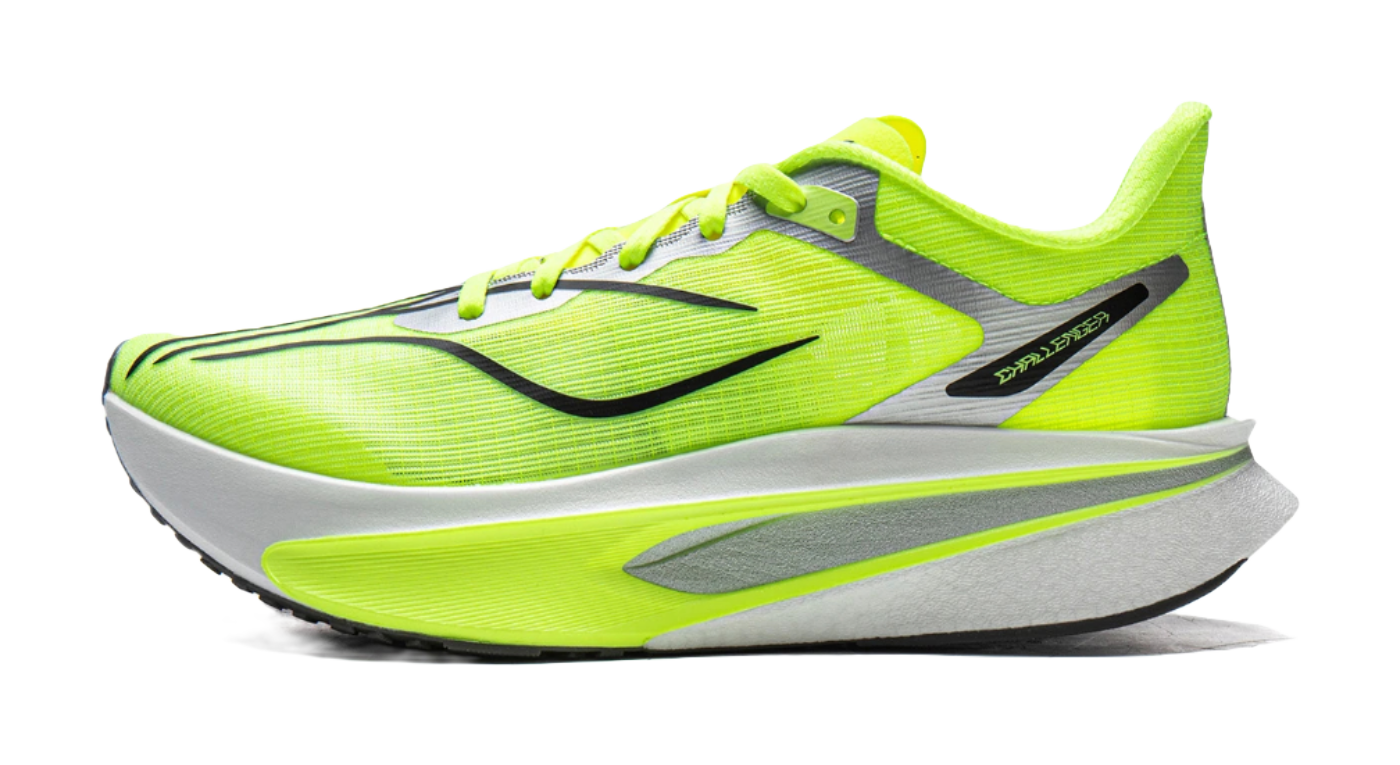 Fluorescent bright green running shoe for women, neon laces, black logo accents