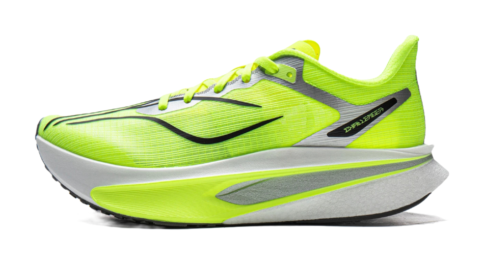 Fluorescent bright green running shoe for women, neon laces, black logo accents