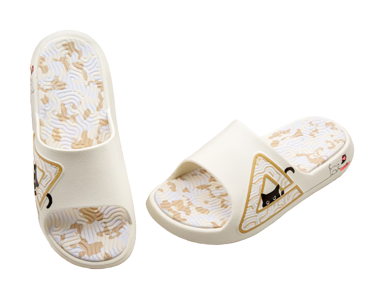 White slide sandal showing interior footbed and outsole with triangular cat emblem