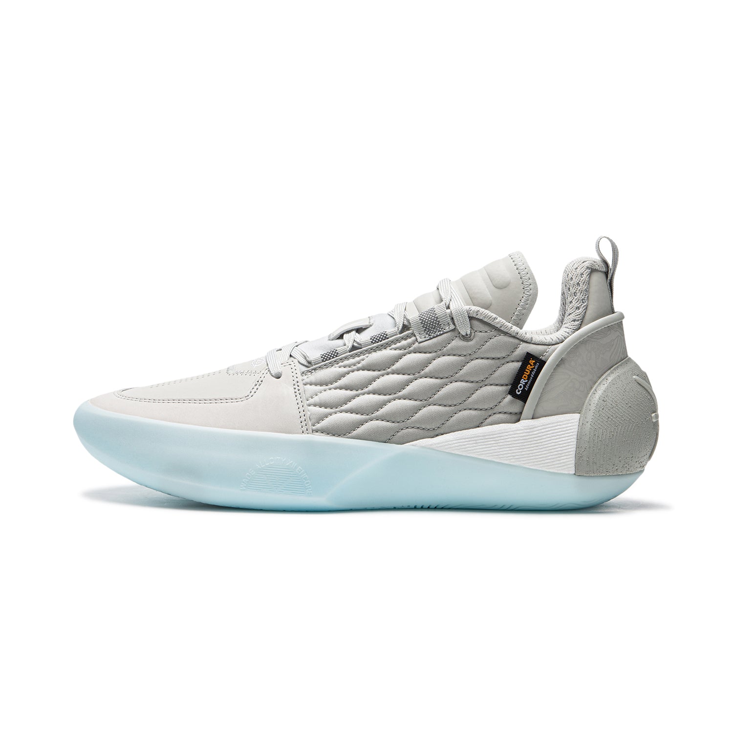 Men's grey basketball shoe with quilted side panels and light blue sole