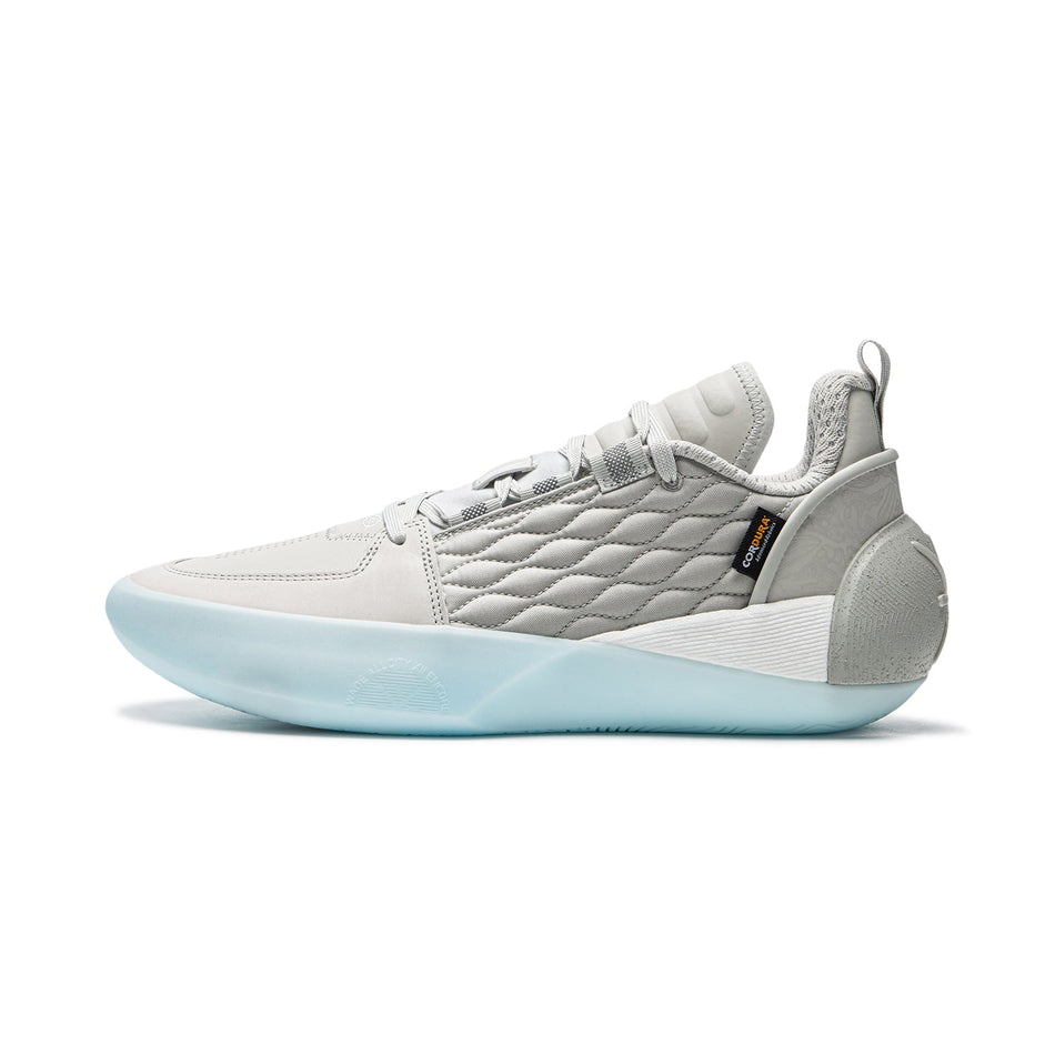 Men's grey basketball shoe with quilted side panels and light blue sole