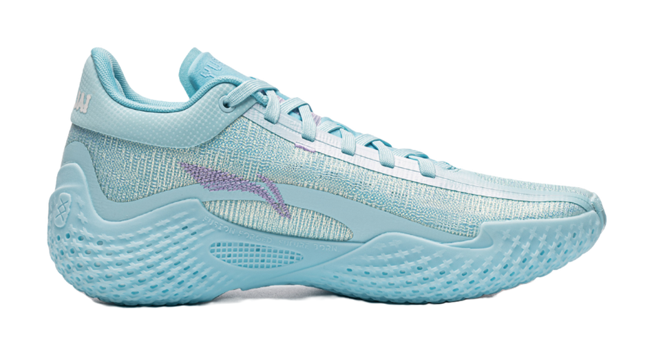 Ice blue basketball shoe, side view with breathable knit upper and curved midsole.