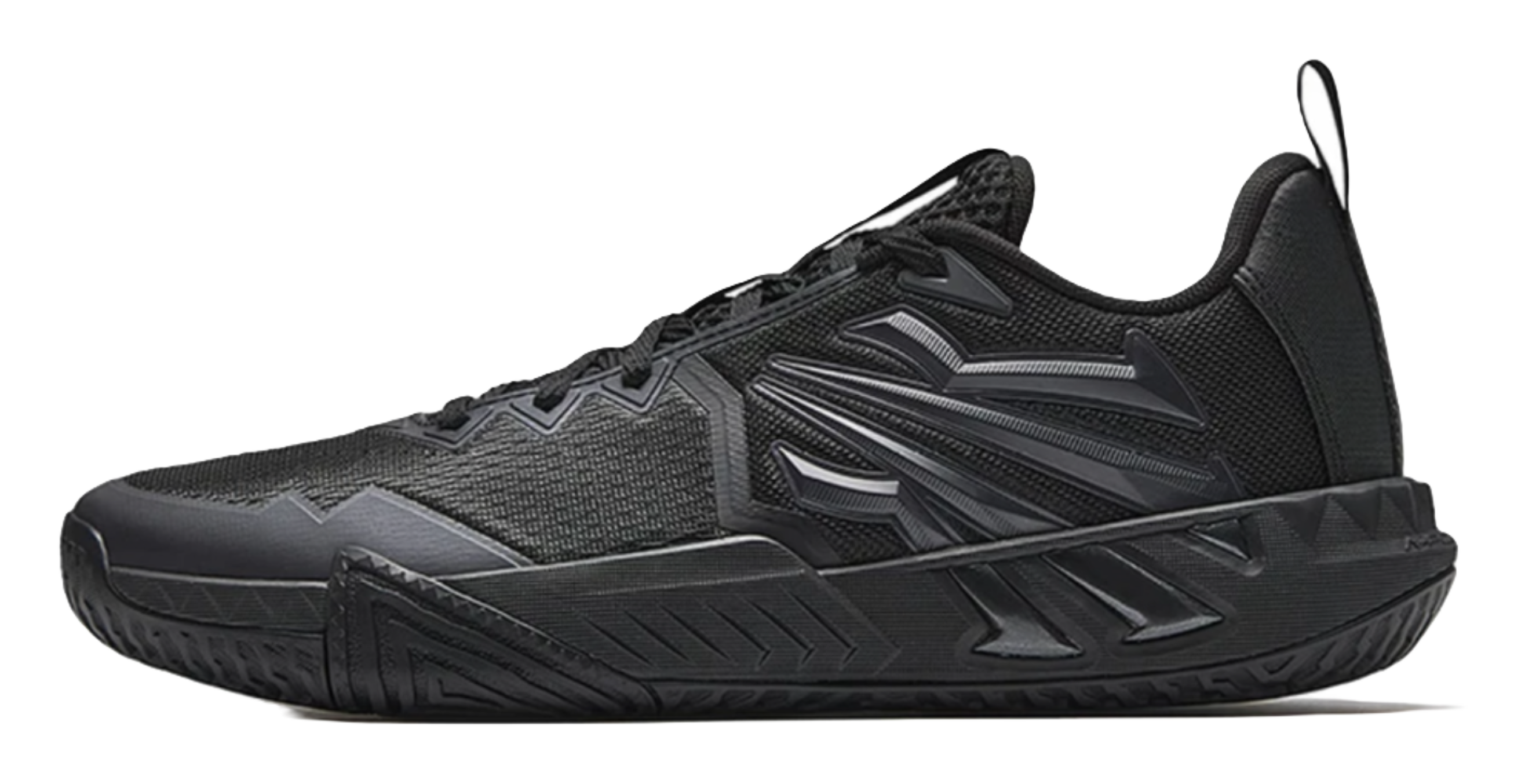 Black low-top basketball shoes with textured knit upper and lace-up closure