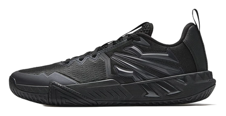 Black low-top basketball shoes with textured knit upper and lace-up closure