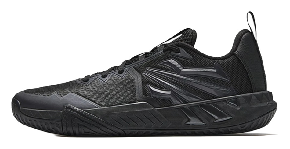 Black basketball shoe with high-top collar and angular side logo accents