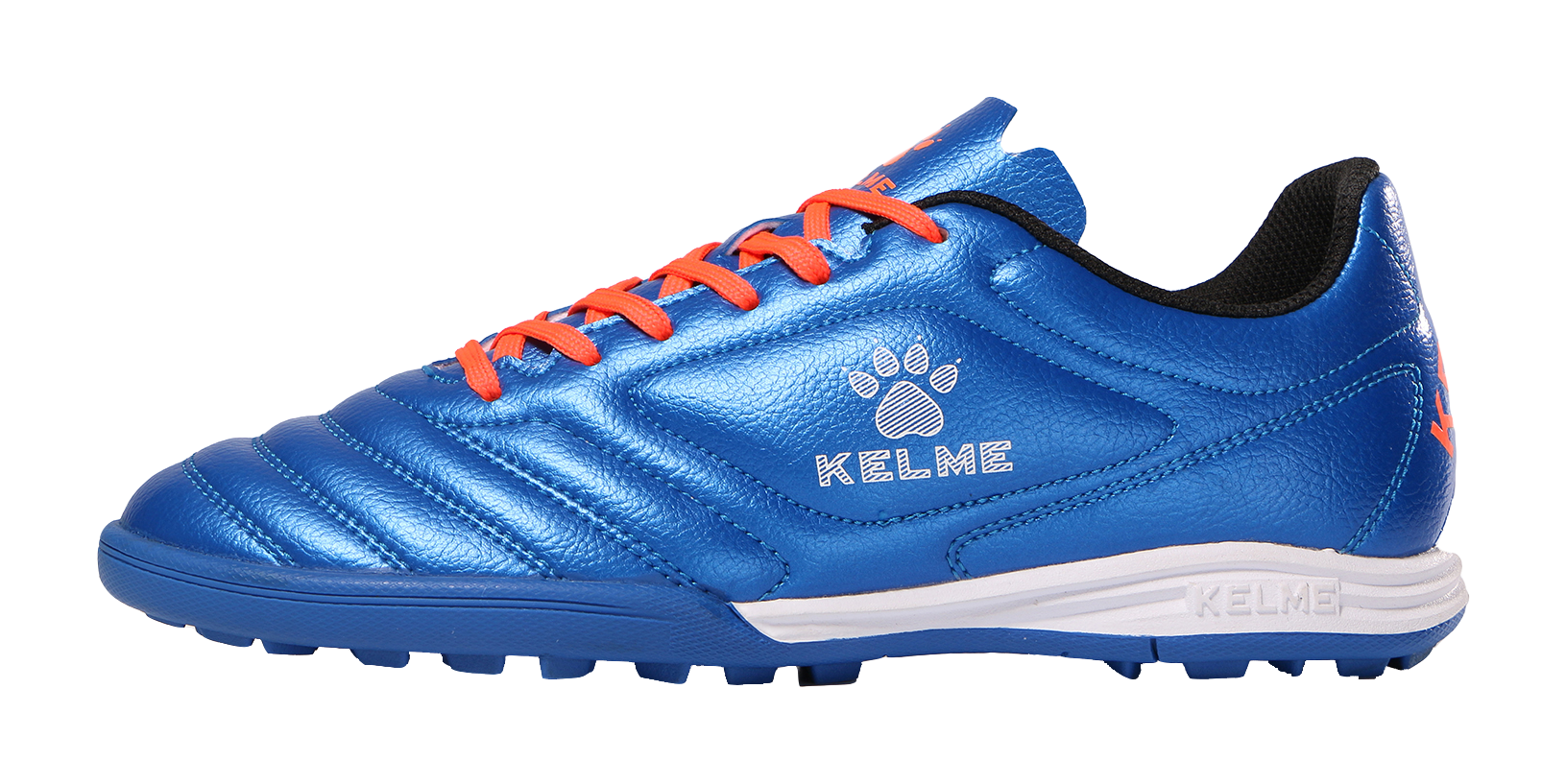 Kelme royal blue TF soccer shoe with orange laces, white midsole, paw logo