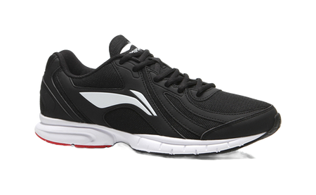 Lightweight mesh running shoe, black upper with large white logo panel and white midsole