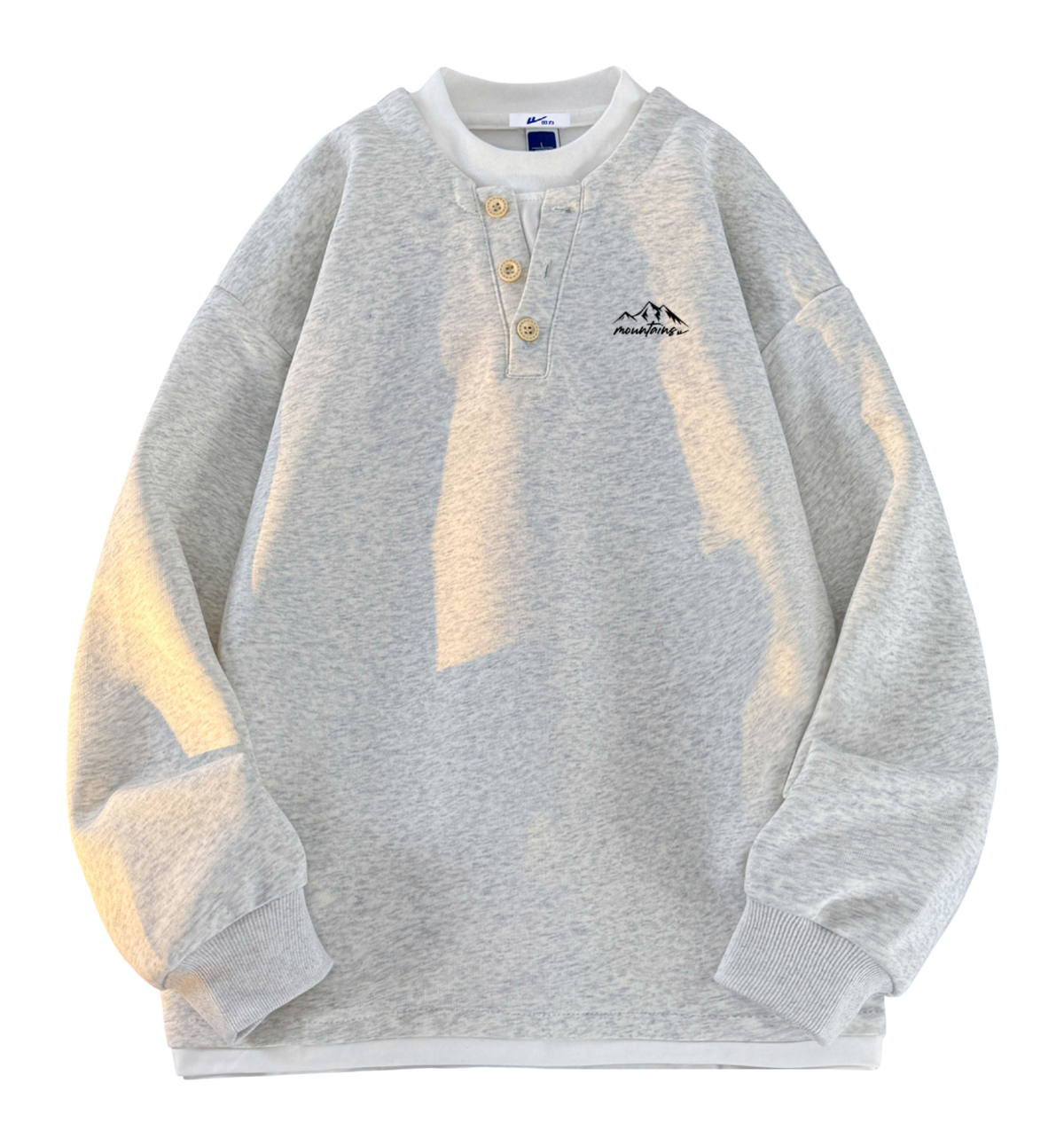 Warrior Revival Wind and Wave Series American Trendy College Style Letter Print Color Contrast Splicing Fake Two Piece Loose Casual Versatile Hoodie Bottom Wear Warm Henley Collar Long Sleeve T-shirt Unisex  vjsneaker.com