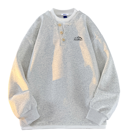 Warrior Revival Wind and Wave Series American Trendy College Style Letter Print Color Contrast Splicing Fake Two Piece Loose Casual Versatile Hoodie Bottom Wear Warm Henley Collar Long Sleeve T-shirt Unisex  vjsneaker.com