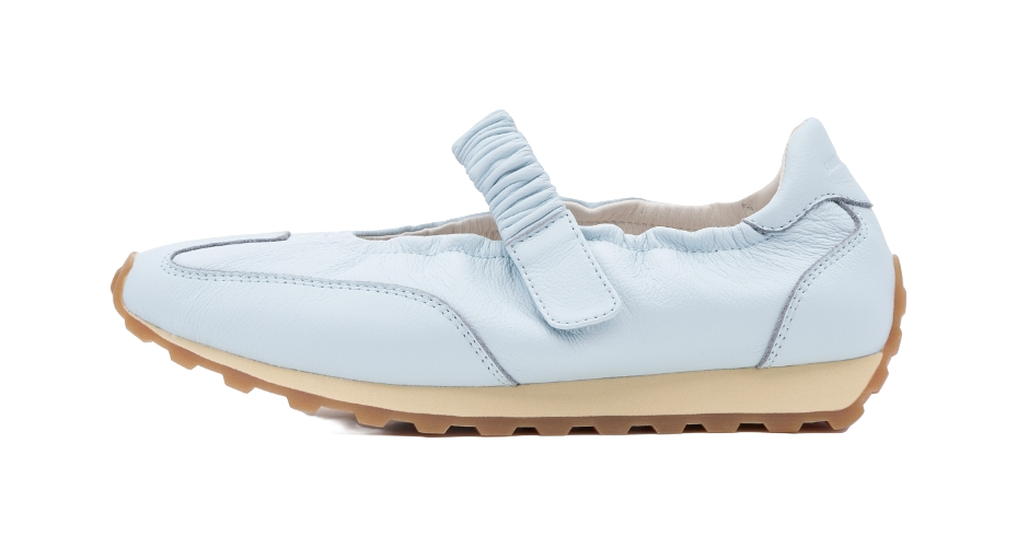 Light sky blue low-top Mary Jane sneakers with elastic strap and round toe