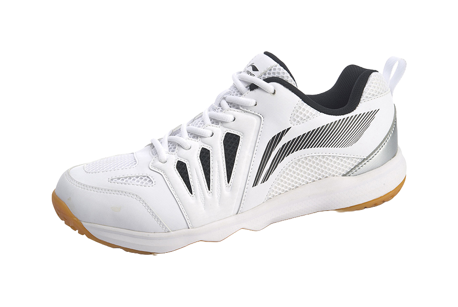 Unisex badminton shoe, white upper with black diagonal logo stripes and gum rubber outsole