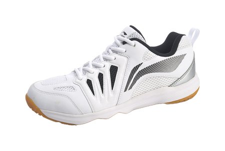 Unisex badminton shoe, white upper with black diagonal logo stripes and gum rubber outsole