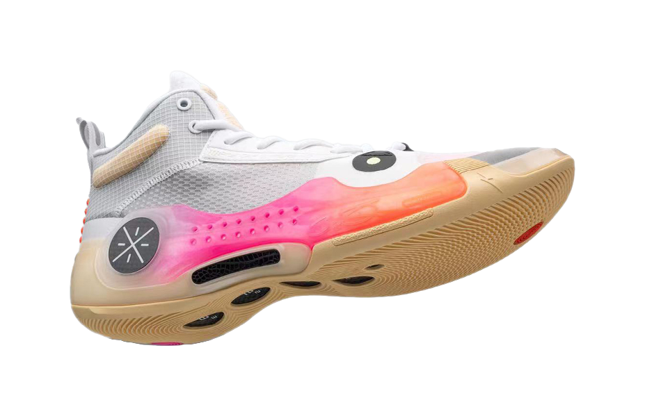 Low-top basketball shoes with light gray upper, pink-to-orange side panel, lace-up