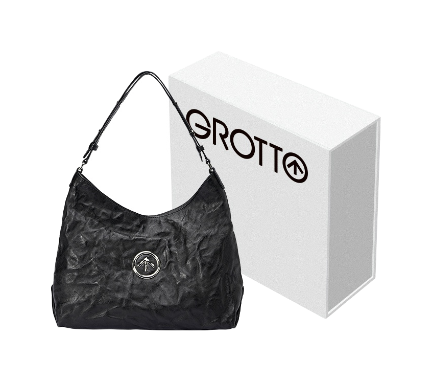GROTTO black pleated sheepskin hobo bag with silver-tone logo patch and strap