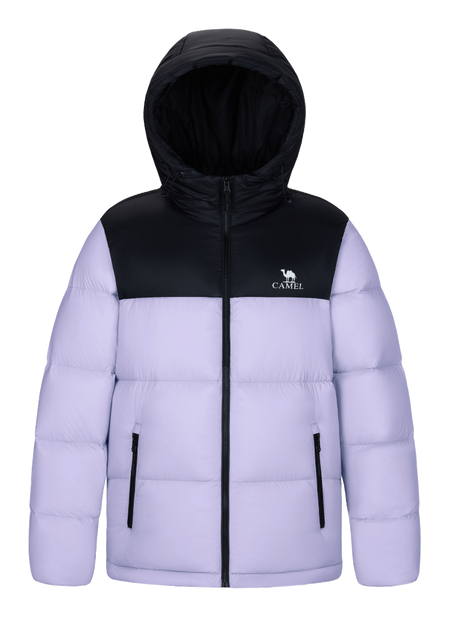 Men's hooded two-tone puffer down jacket in light purple with front zip and side zip pockets
