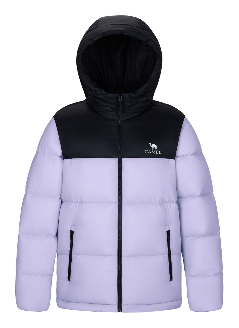 Men's hooded two-tone puffer down jacket in light purple with front zip and side zip pockets