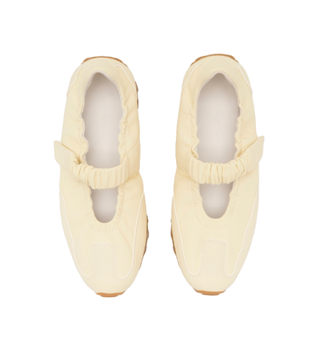 Light yellow Mary Jane low-top shoes, front view with elasticized collar